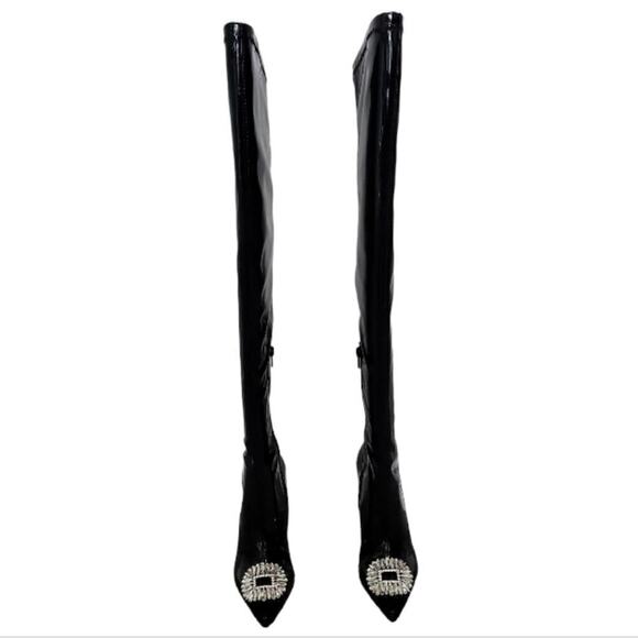 INC  Black Over the Knee  Patient Leather W Sparkling Toe Piece Black Sz 6M NWT - Picture 2 of 8